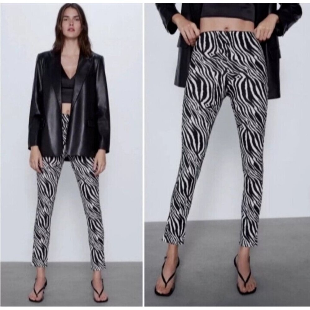 Zara Zebra Print Leggings Pants Black White Size L New without Tags.